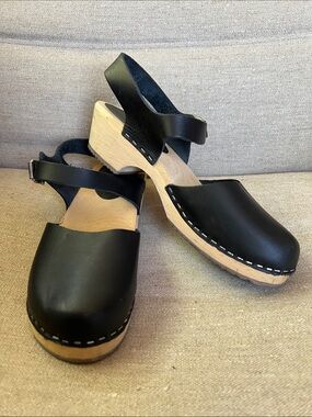 Lotta From Stockholm Black Leather Slingback Clogs with Wood Sole US 8.5